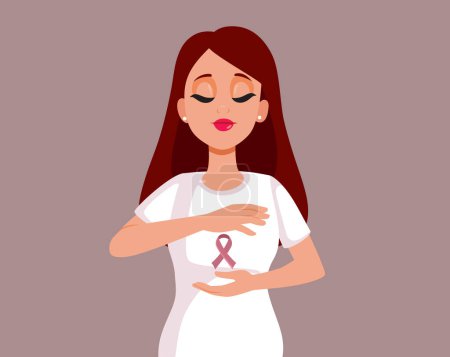 Mujer sosteniendo una cinta de cáncer Símbolo de conciencia Vector Personaje Ilustración