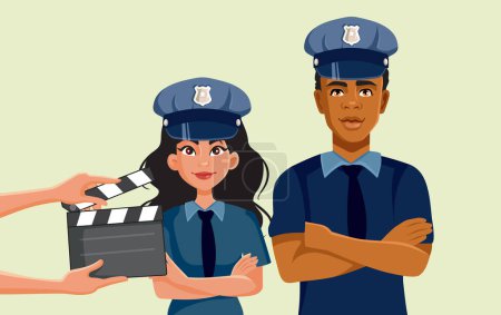 Illustration for Actors Filming an Action Police Movie Vector Illustration Characters - Royalty Free Image