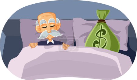 Gieriger alter Mann schläft mit einer Geldbeutel-Vektorillustration