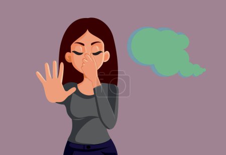 Mujer infeliz haciendo stop gesto detección mal olor Vector ilustración