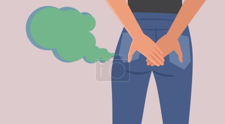 Ilustración de Mujer cubriendo sus pantalones sintiéndose gaseosa Vector ilustración de dibujos animados - Imagen libre de derechos
