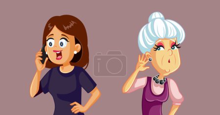 Curious Elderly Lady Overhearing a Phone Call vector Cartoon