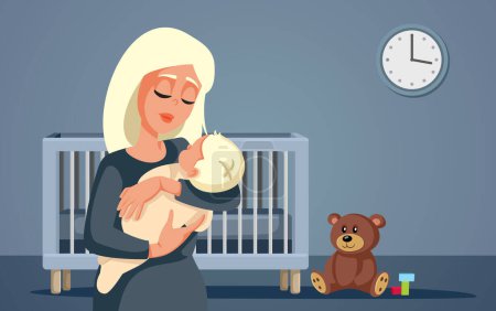 Mother Comforting Baby from the Crib During Nighttime Vector Cartoon Illustration