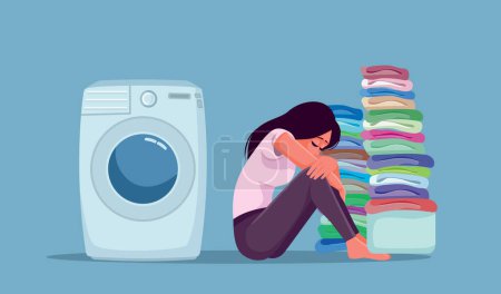 Téléchargez les illustrations : Triste femme ayant une pile de blanchisserie pour laver vectoriel dessin animé illustration - en licence libre de droit