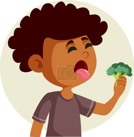 Funny Kid Disliking Broccoli Making Faces Vector Cartoon