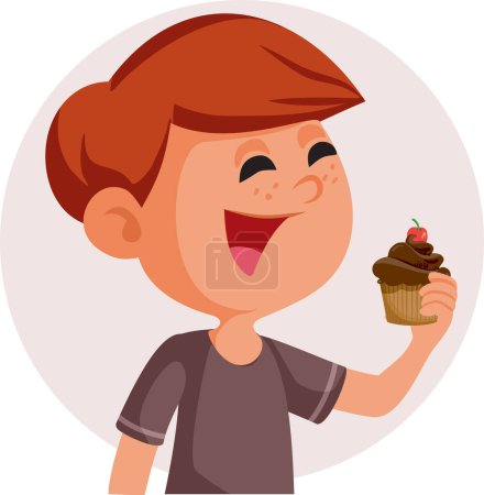 Happy Little Boy Eating a Chocolate Muffin Vector Illustration