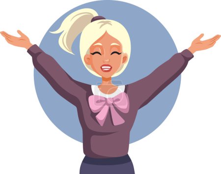 Illustration for Cheerful Excited Girl Celebrating with Arms Up Vector Cartoon - Royalty Free Image