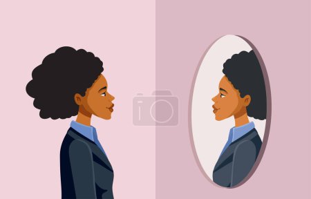 Femme d'affaires confiante regardant dans le personnage vectoriel miroir
