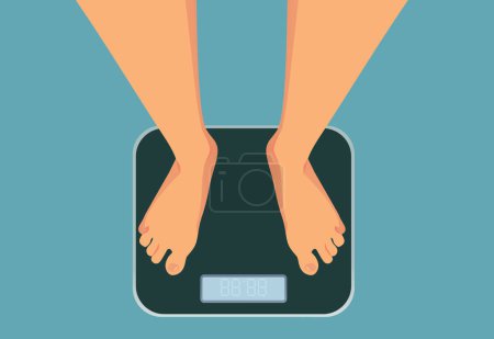 Téléchargez les illustrations : Person Weighing Herself on a Body Scale Vector Cartoon - en licence libre de droit