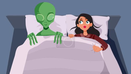 Frau im Bett mit einem Alien Vector Lustige Konzept Illustration
