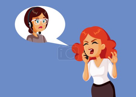 Mujer luchando con el operador del centro de llamadas en el teléfono Vector de dibujos animados
