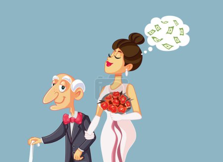 joven mujer casarse más viejo hombre por dinero vector de dibujos animados