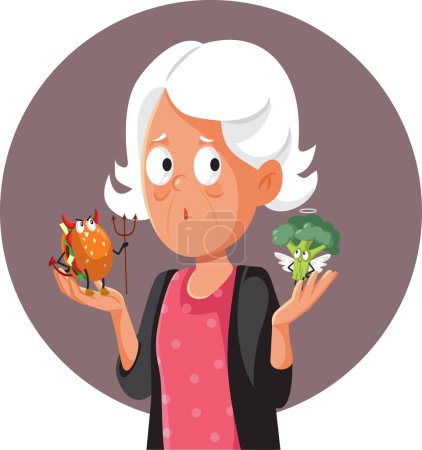 Vector Senior Woman Choosing Between Healthy and Unhealthy Foods