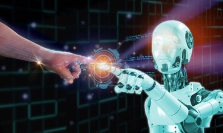 Téléchargez les photos : Doigt humain toucher doigt robotique 3D à la lueur avec élément document futurictique icône numérique, intelligence artificielle IA imiter le travail humain et mieux - en image libre de droit