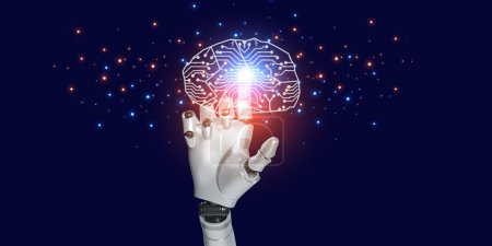 Foto de 3D mano robótica tocar icono del cerebro con resplandeciente belleza luz aislar en el espacio de copia azul - Imagen libre de derechos