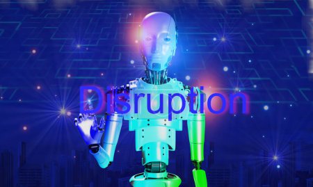 artificial intelligence 3D robortic with disruption word on abstract background , technology concept