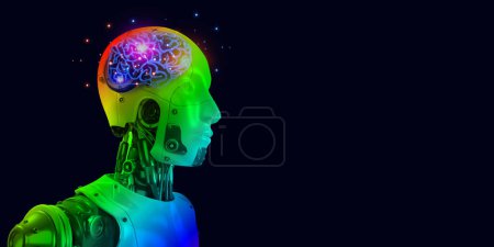 Téléchargez les photos : Intelligence artificielle multicolore 3D robotique cerveau icône lumière lueur isoler sur copyspce bleu, concept de technologie - en image libre de droit