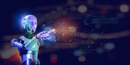 Téléchargez les photos : Intelligence artificielle 3D multi couleur robotique avec élément icône futuriste numérique sur fond abstrait, concept technologique - en image libre de droit