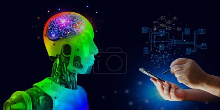 Téléchargez les photos : Intelligence artificielle multicolore 3D robot cerveau icône lumière lueur avec les gens bavarder avec l'IA - en image libre de droit