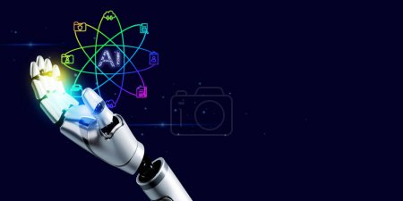 Téléchargez les photos : Robot 3D main avec icône d'affaires copier l'espace, concept de technologie - en image libre de droit