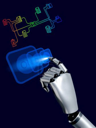 Téléchargez les photos : Toucher main robotique 3D icône numérique ON bouton fonctionnant avec algorithme, concept de technologie - en image libre de droit