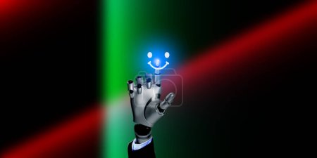 Téléchargez les photos : Main de rendu robotique avec costume d'affaires en utilisant index touche icône sourire sur la lumière bleue lueur sur fond abastré - en image libre de droit