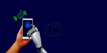 Téléchargez les photos : Main humaine tenant téléphone portable avec main robotique toucher déverrouiller clé isoler sur l'espace de copie bleue - en image libre de droit