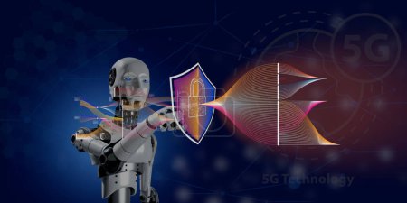 Téléchargez les photos : Technologie IA cybersécurité protéger les entreprises par un programme de pare-feu. 3D rendu robotique avec le texte du diagramme de flux de données 5G Tehnology worldwild cyber icône numérique de sécurité - en image libre de droit