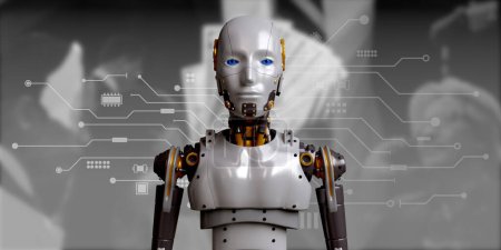 Téléchargez les photos : 3d robotique rendre l'IA entreprise et l'industrie sur fond flou hommes d'affaires - en image libre de droit
