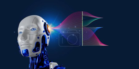 3D-Roboter rendern mit Datenflussdiagramm Kopierraum auf blauem, künstlichem Intelligenzkonzept