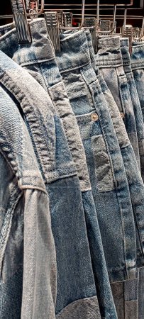 Nahaufnahme Mode Jeans Kleidung hängen an der Wäscheleine