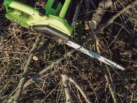 Photo for Horizontal straight from above close up shot of electric pruning saw on the cut branches of a peach tree. - Royalty Free Image