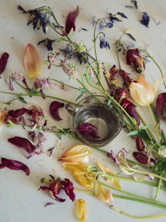 Flache Lage mit verblassten Blumen und einer Vintage-Kaffeetasse: Vertikale Nahaufnahme von verblassten Tulpen und Akeleien auf einer weißen Oberfläche mit einer leeren Kaffeetasse in der Mitte.
