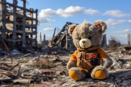 Un ours en peluche sur fond de maisons endommagées par la guerre. Un jouet pour enfants parmi les bâtiments bombardés. Concept : guerre, enfants volés.