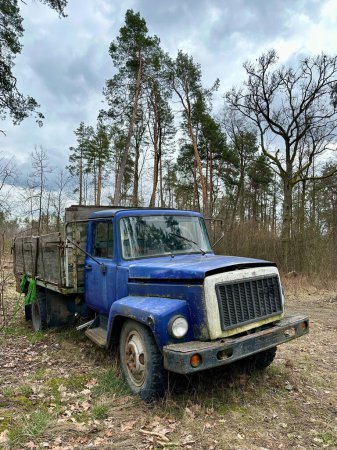 Téléchargez les photos : Vieux camion dans la forêt. Un camion avec un corps ouvert parmi les arbres. Camion en plein air cassé. - en image libre de droit