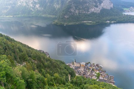Aerial view of the Hallstatt village and the lake