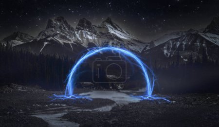 Photo for Magical portal in front of the night mountain landscape - Royalty Free Image