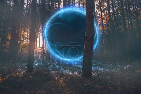 Portal mágico en el bosque, ilustración de ciencia ficción