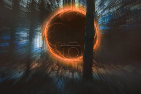 Magical burning portal in the forest, science fiction illustration