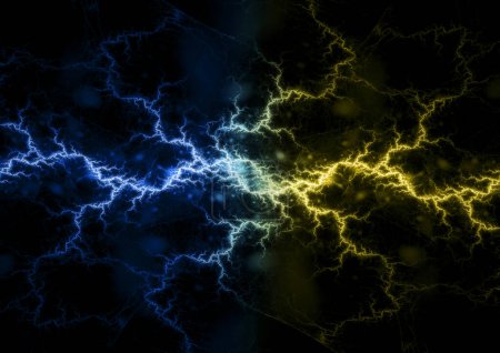 Fondo relámpago amarillo y azul caliente, abstracto eléctrico de la energía