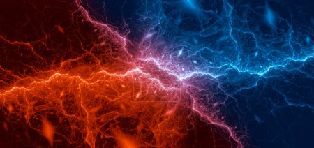 Rayo azul y rojo, fuego de fondo de plasma abstracto y elementos de hielo