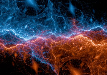 Fuego y rayos de hielo, fondo de plasma abstracto
