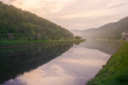Photo for River Labe at Hrensko, morning fog above the water - Royalty Free Image