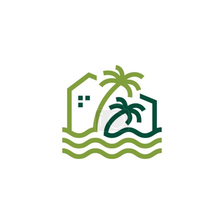 Palmenhaus Strand Meer Welle Logo Vektor Symbol Illustration