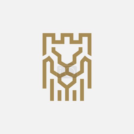 Téléchargez les illustrations : Protection de bouclier de château de forteresse de lion Illustration vectorielle d'icône de logo d'or de sécurité - en licence libre de droit