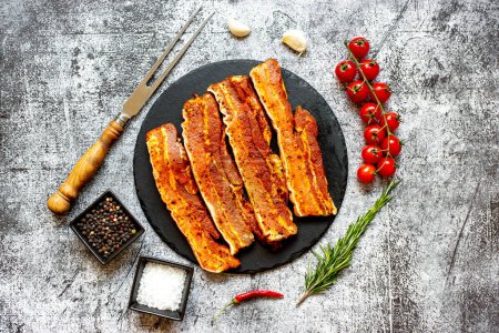 Photo for Raw pork belly slices on stone background, top view - Royalty Free Image