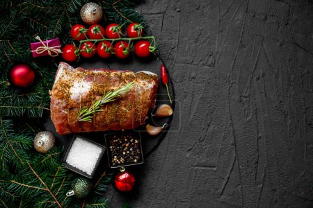 Photo for Christmas food concept. Raw meat with spices and Christmas decorations on rustic background - Royalty Free Image