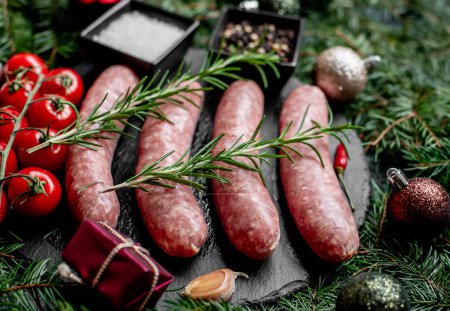Photo for Christmas raw sausages with fir trees branches and Christmas decorations - Royalty Free Image