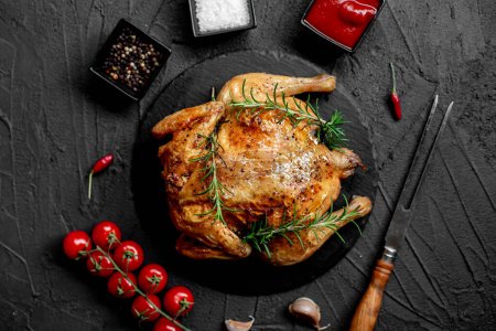 Photo for Baked chicken with rosemary and spices on stone background - Royalty Free Image