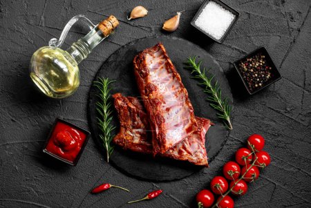 Photo for Raw marinated pork ribs with spices on stone background - Royalty Free Image